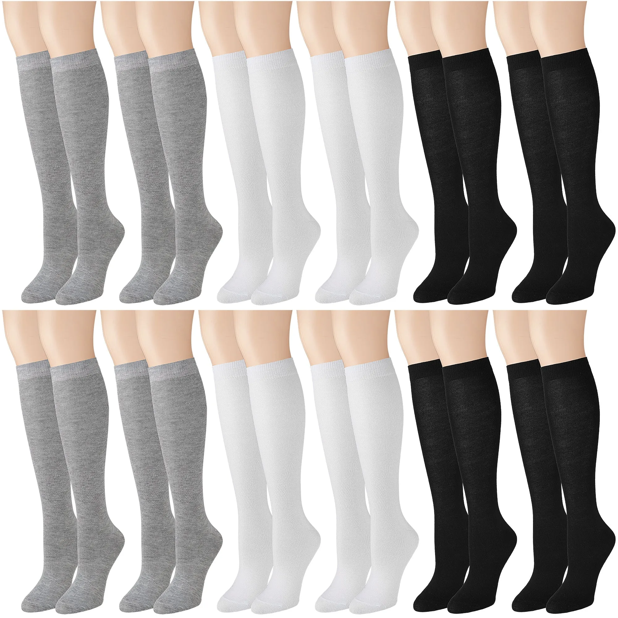 12 Pairs Women Knee High Over the Calf Socks - Black Gray White