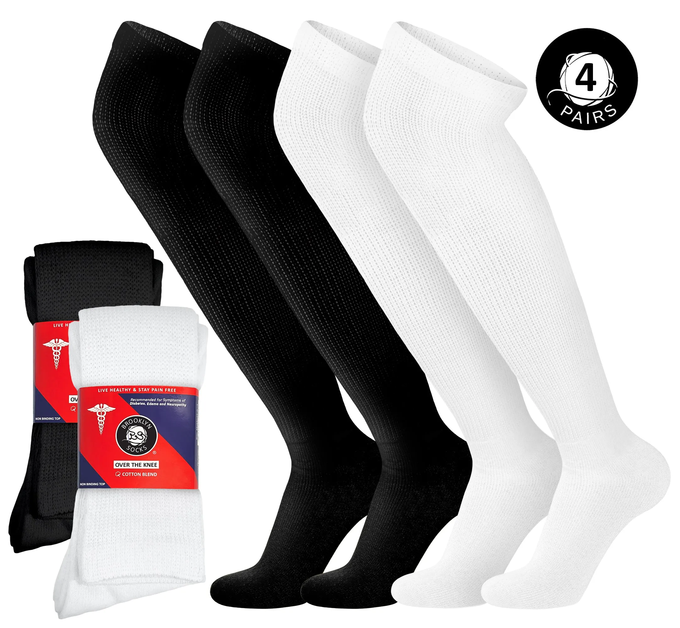 4 Pairs of Over the Knee Cotton Diabetic Non-Binding Neuropathy Socks