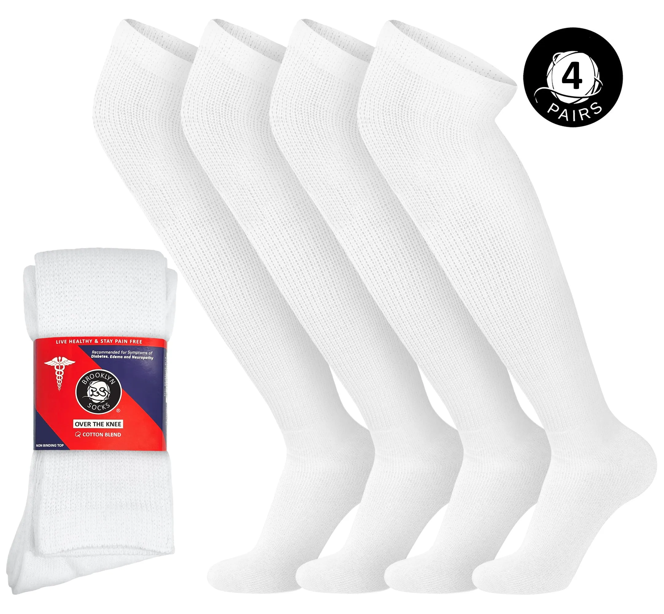 4 Pairs of Over the Knee Cotton Diabetic Non-Binding Neuropathy Socks