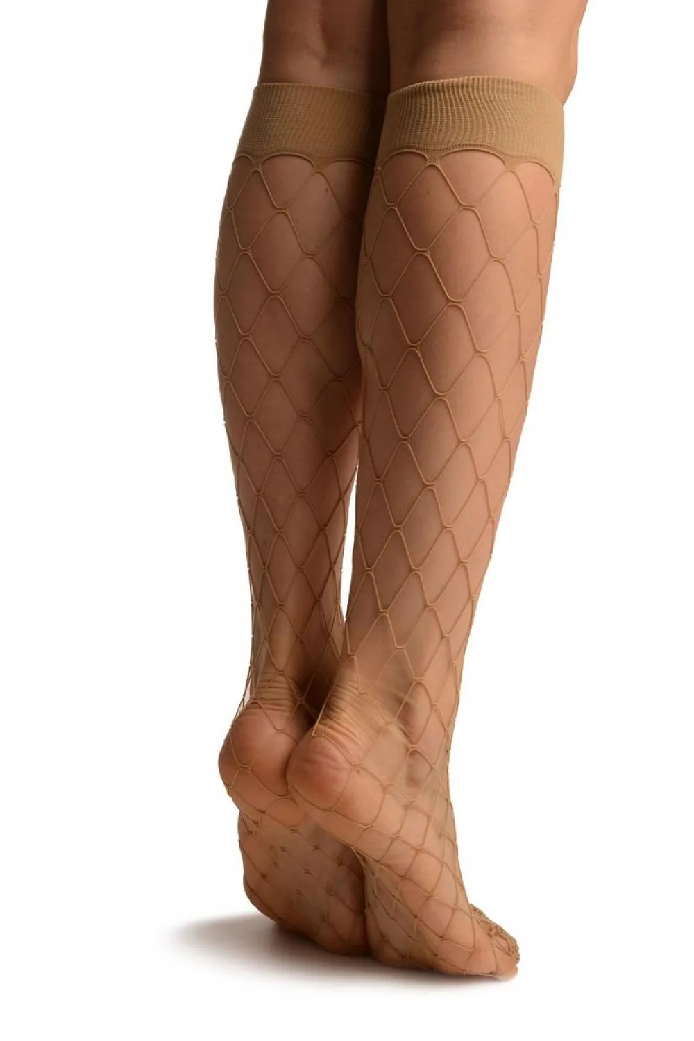 Beige Large Fishnet With Wide Top & Reinforced Toe Knee High Socks