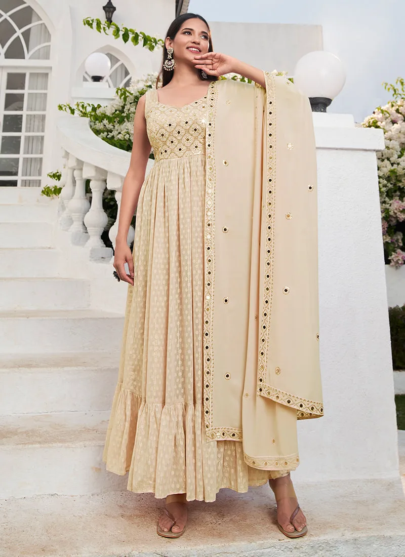 Beige Mirror Work Embroidered Jacquard Anarkali Suit