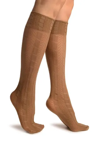 Beige With Woven Chevrons Socks Knee High