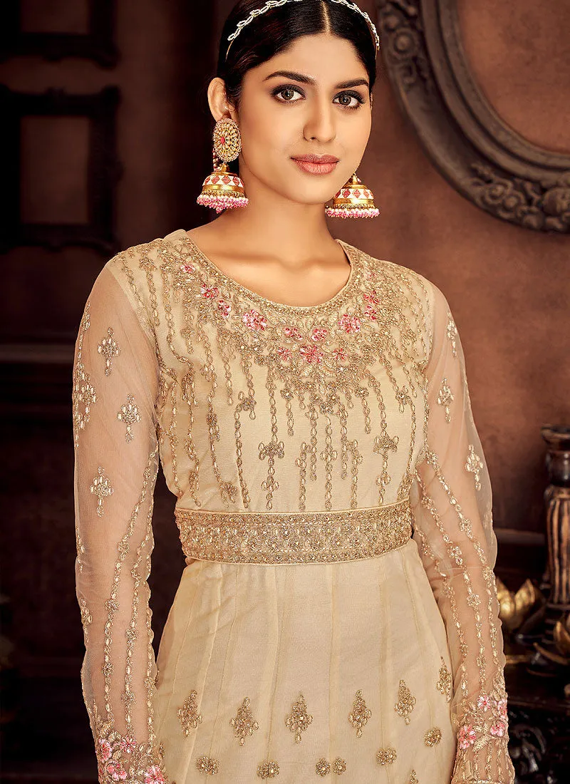 Beige Zari Embroidered Wedding Anarkali Suit