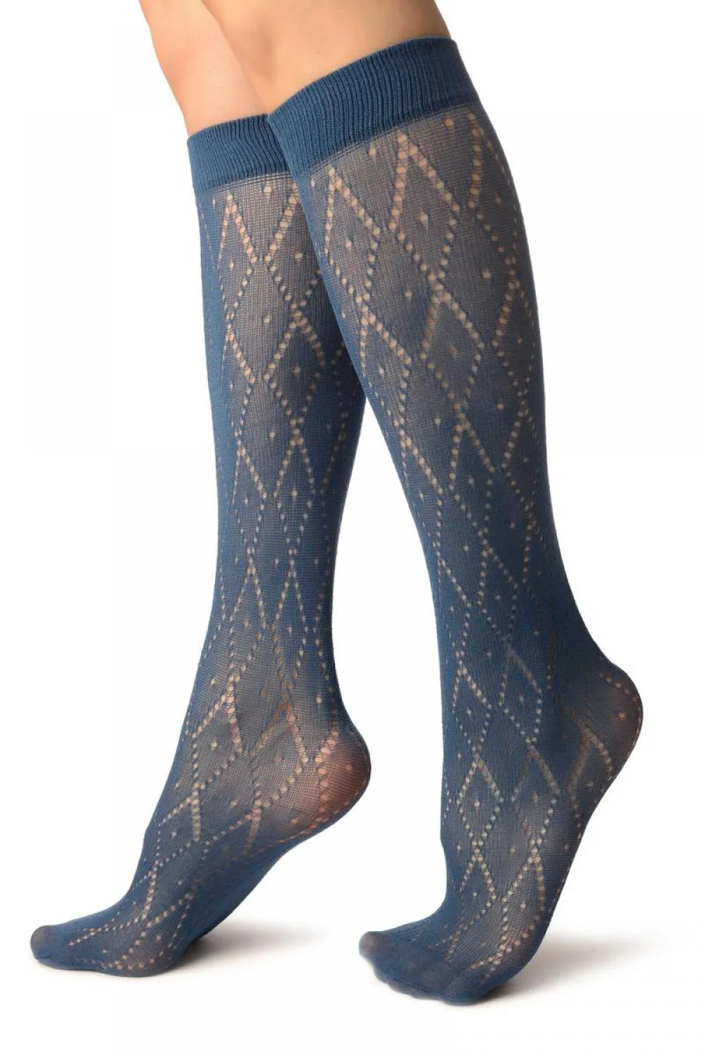 Blue Crochet Rhombs Socks Knee High