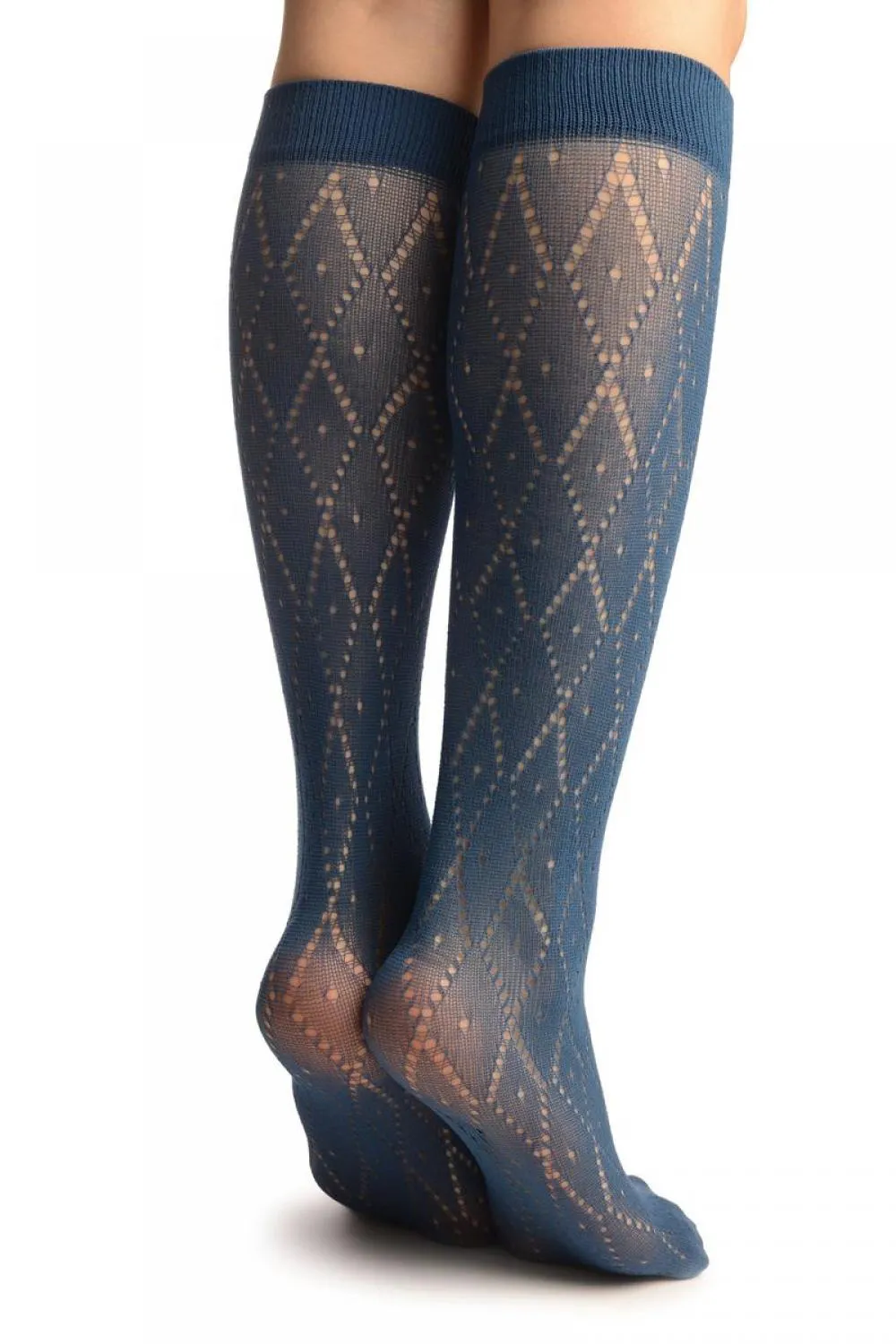 Blue Crochet Rhombs Socks Knee High