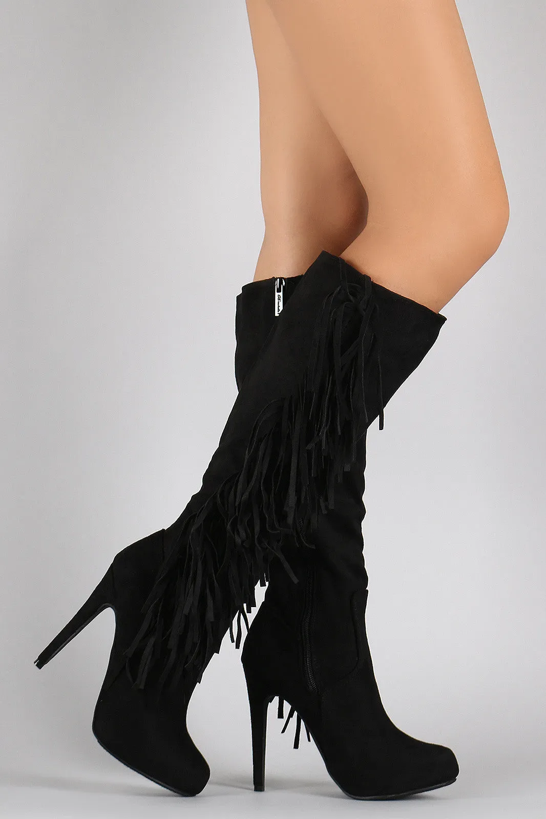 Breckelle Faux Suede Side Fringe Stiletto Knee High Boot