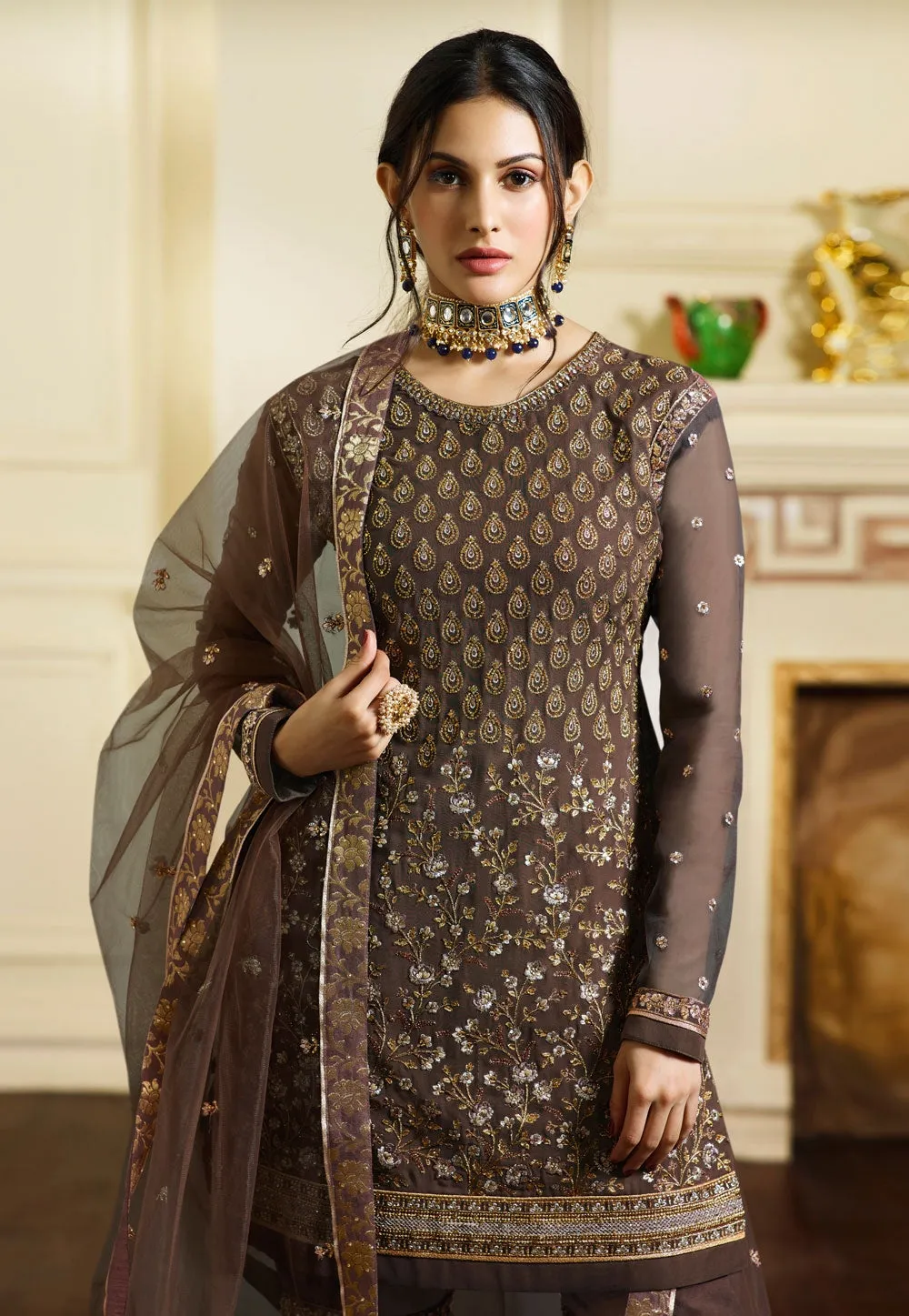 Brown Overall Traditional Embroidered Gharara Suit