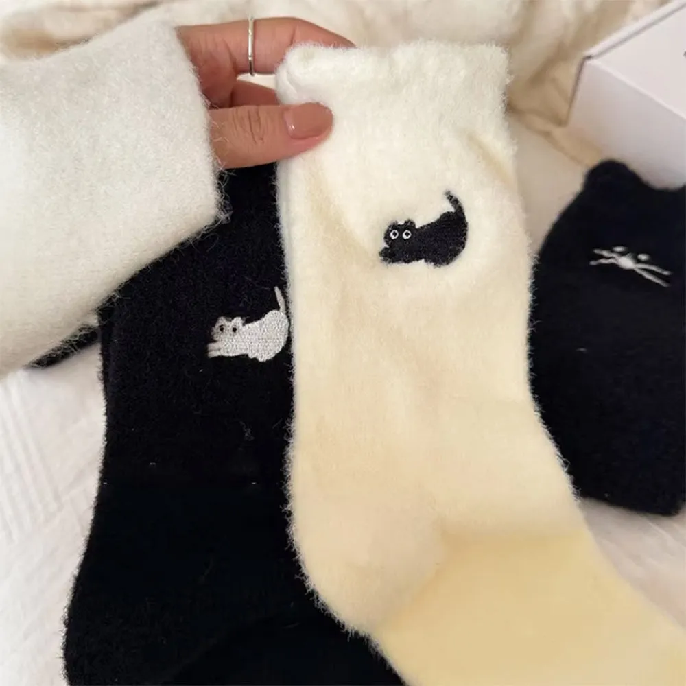 Cat Embroidery Fuzzy Socks