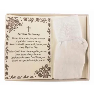 Christening Dedication Keepsake Gift Poetry Baby Boy Socks with Embroidered Cross Design (Size: Age 1-2)