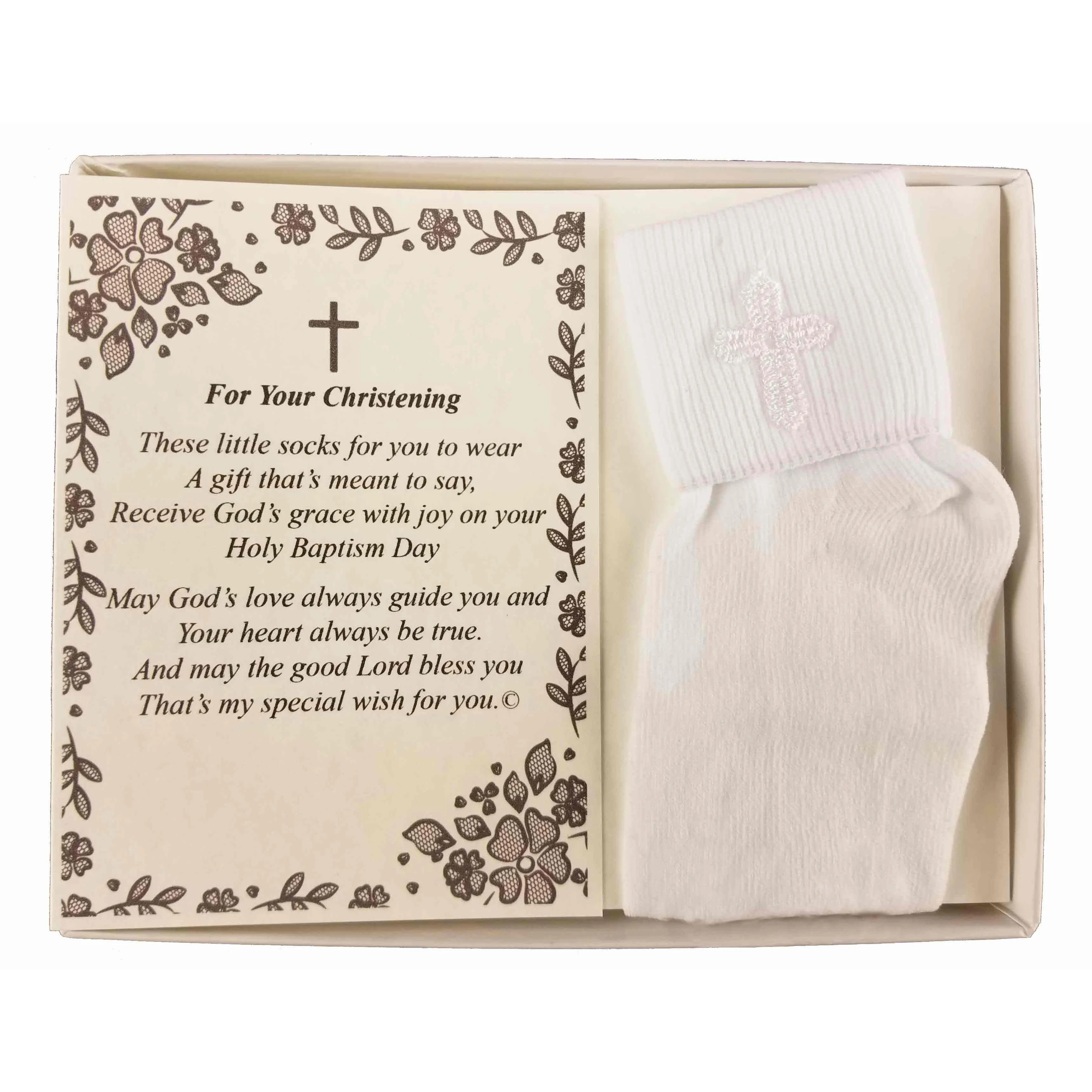 Christening Dedication Keepsake Gift Poetry Baby Boy Socks with Embroidered Cross Design (Size: Age 1-2)