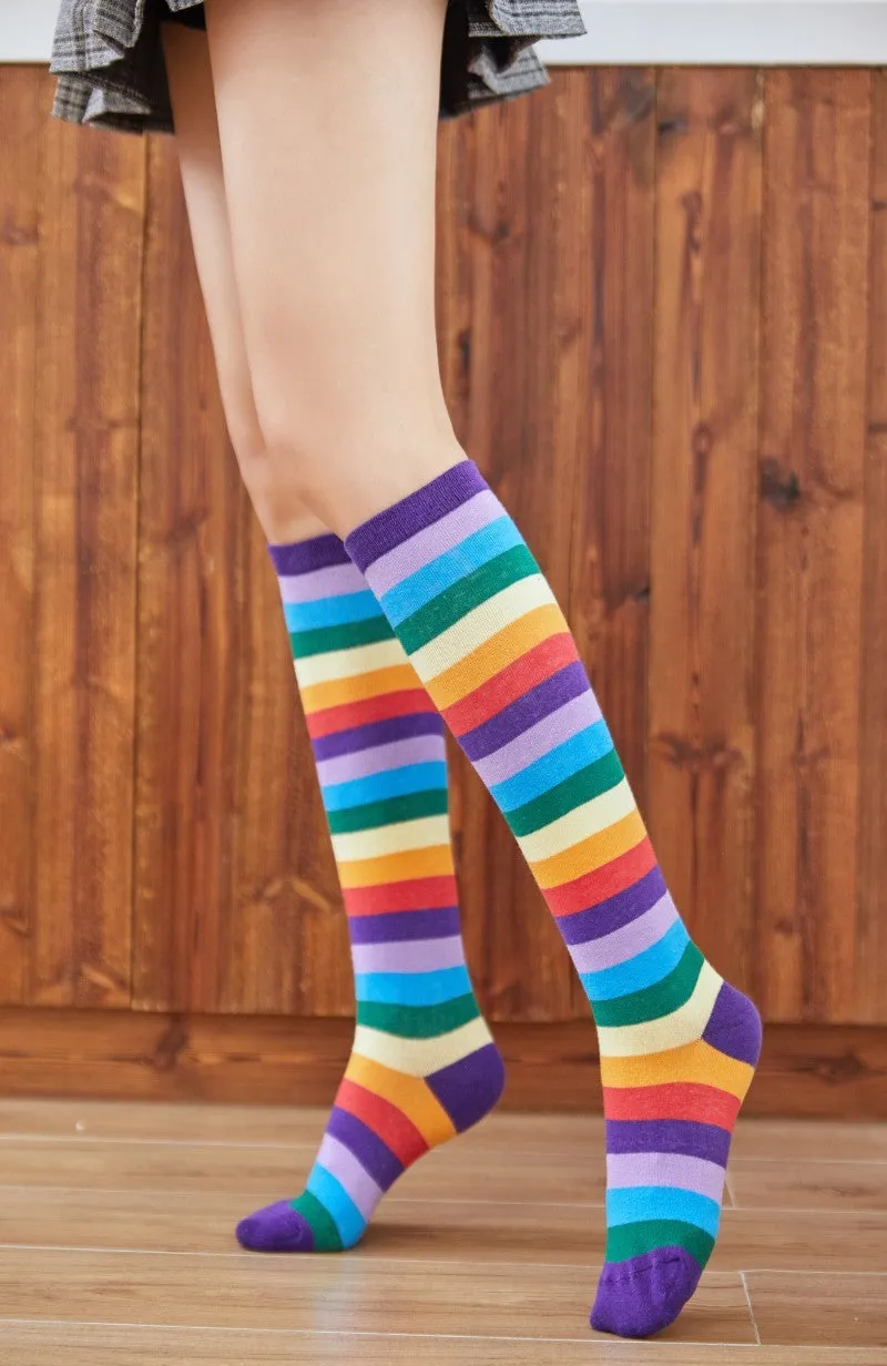 Cotton Colorful Tube Socks Knee Length Rainbow