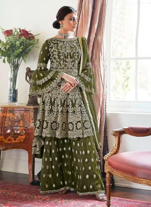 Dark Green Beige Multi Embroidered Designer Gharara Suit