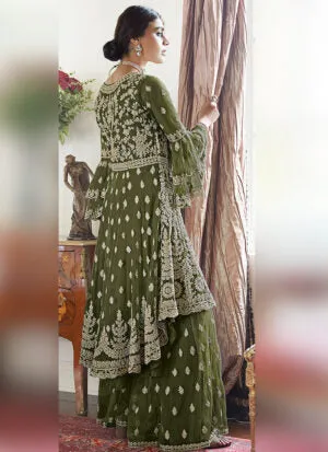 Dark Green Beige Multi Embroidered Designer Gharara Suit