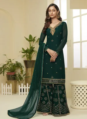 Dark Green Embroidered Designer Sharara Suit