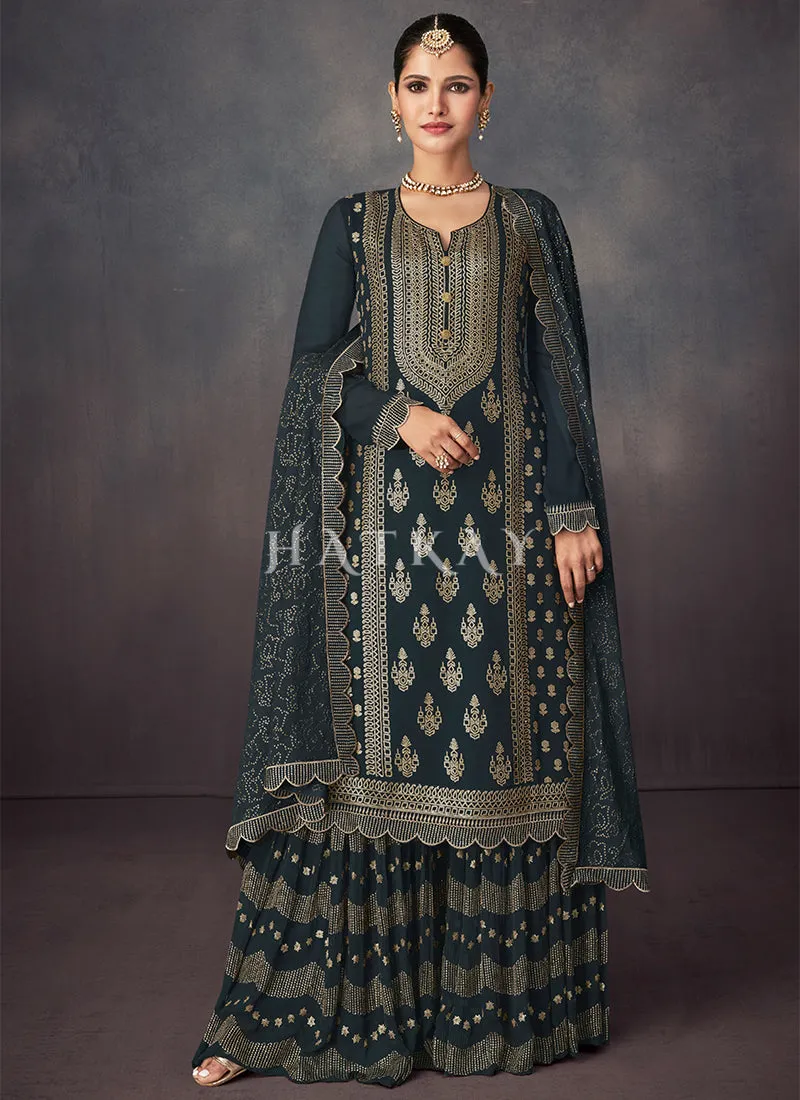 Dark Green Golden Embroidered Sharara Style Suit