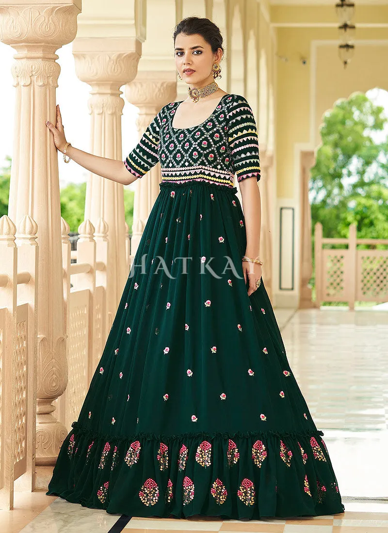 Dark Green Multi Embroidered Flared Anarkali Gown