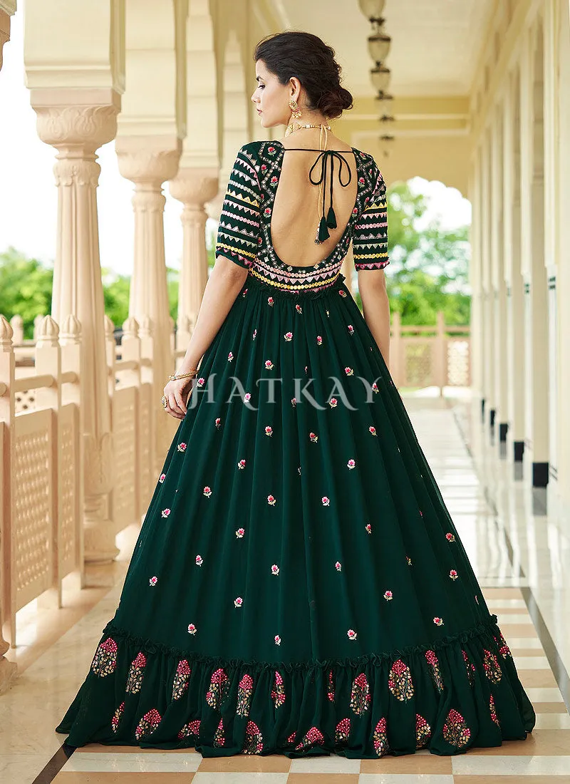 Dark Green Multi Embroidered Flared Anarkali Gown