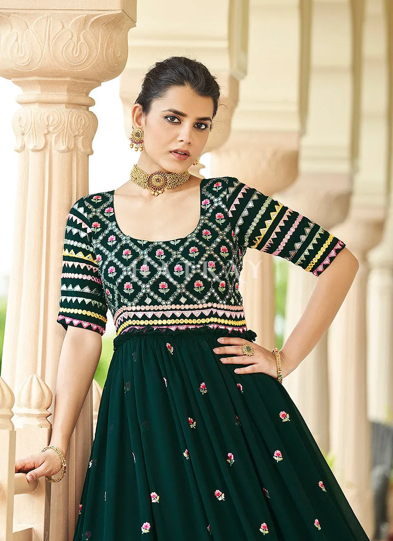 Dark Green Multi Embroidered Flared Anarkali Gown