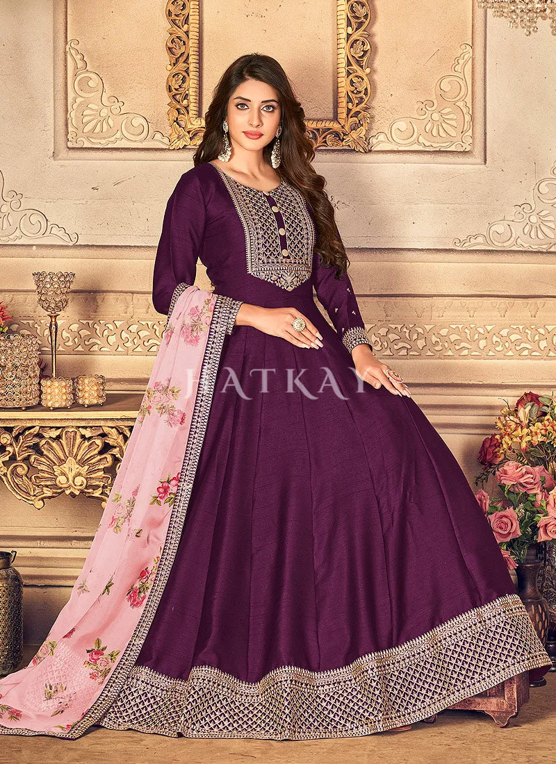 Deep Purple Embroidered Silk Anarkali Suit