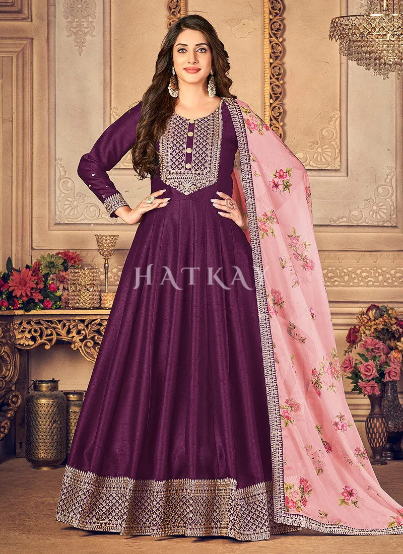 Deep Purple Embroidered Silk Anarkali Suit