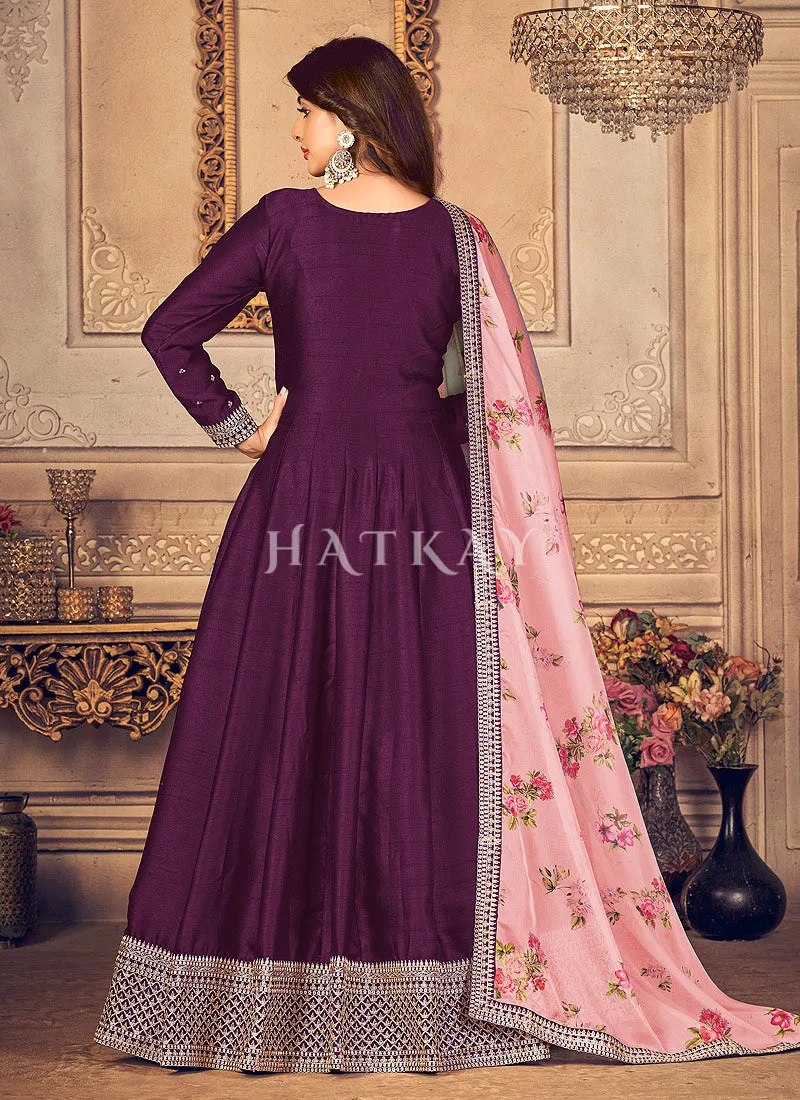 Deep Purple Embroidered Silk Anarkali Suit