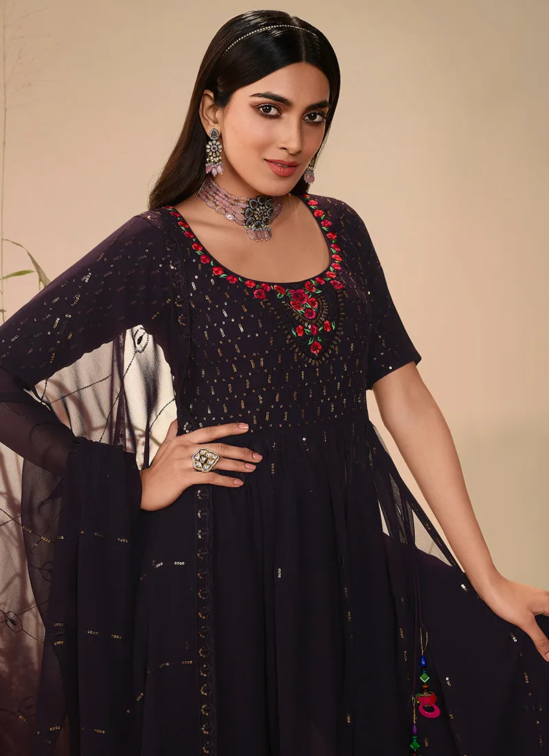 Deep Wine Sequence Embroidered Festive Palazzo Suit