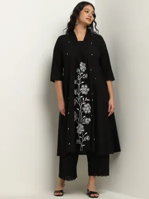 Diza Black A-Line Embroidered Cotton Kurta