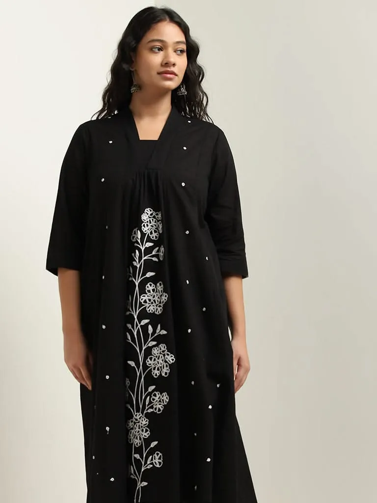 Diza Black A-Line Embroidered Cotton Kurta