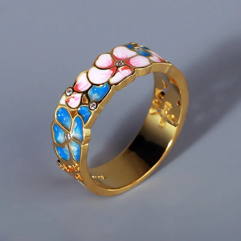 Elegant Flower Enamel Ring for Women with Zircon in 925 Sterling Silver