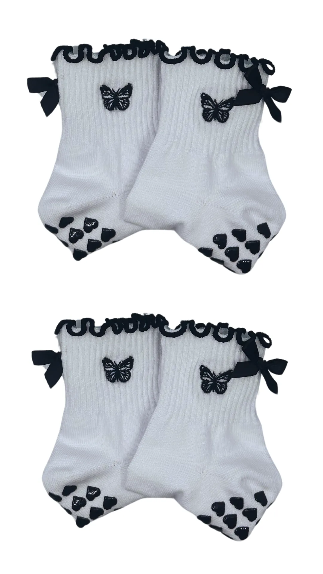 Embroidered butterfly grip sock with bow & black heart grips