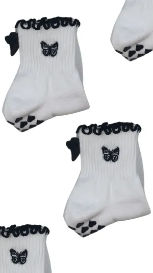 Embroidered butterfly grip sock with bow & black heart grips