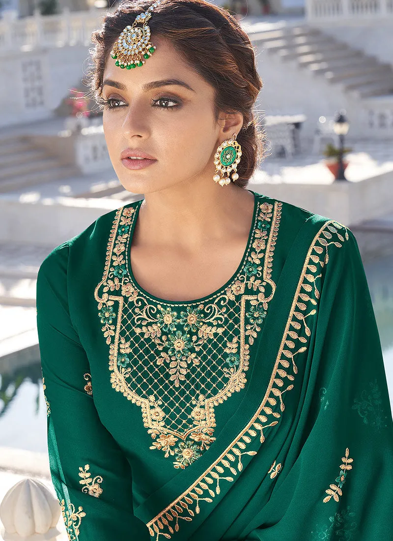 Green Golden Embroidered Gharara Palazzo Suit