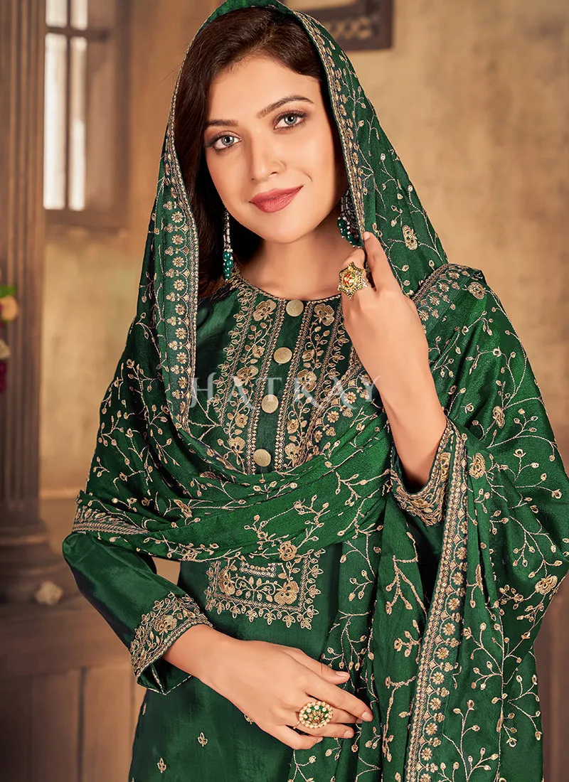 Green Golden Embroidered Traditional Pant Suit