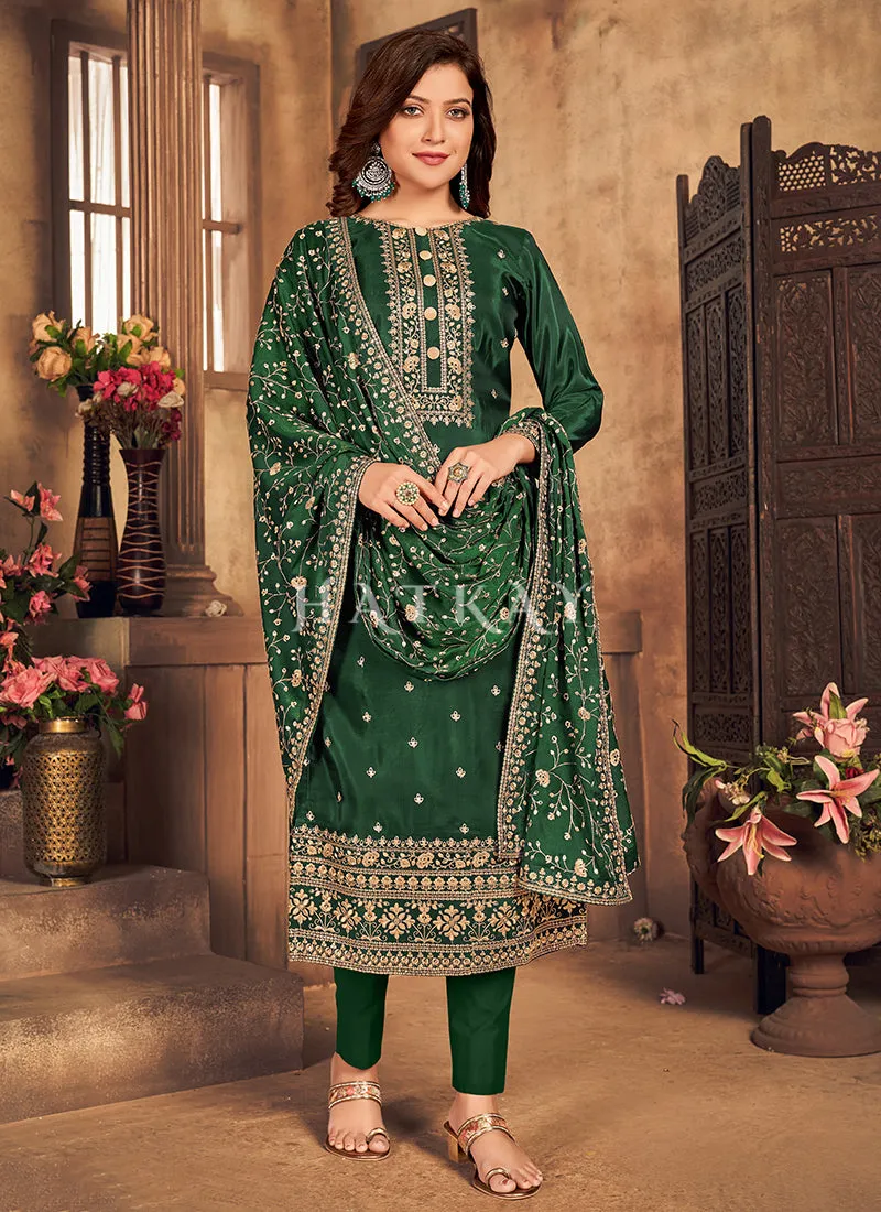 Green Golden Embroidered Traditional Pant Suit