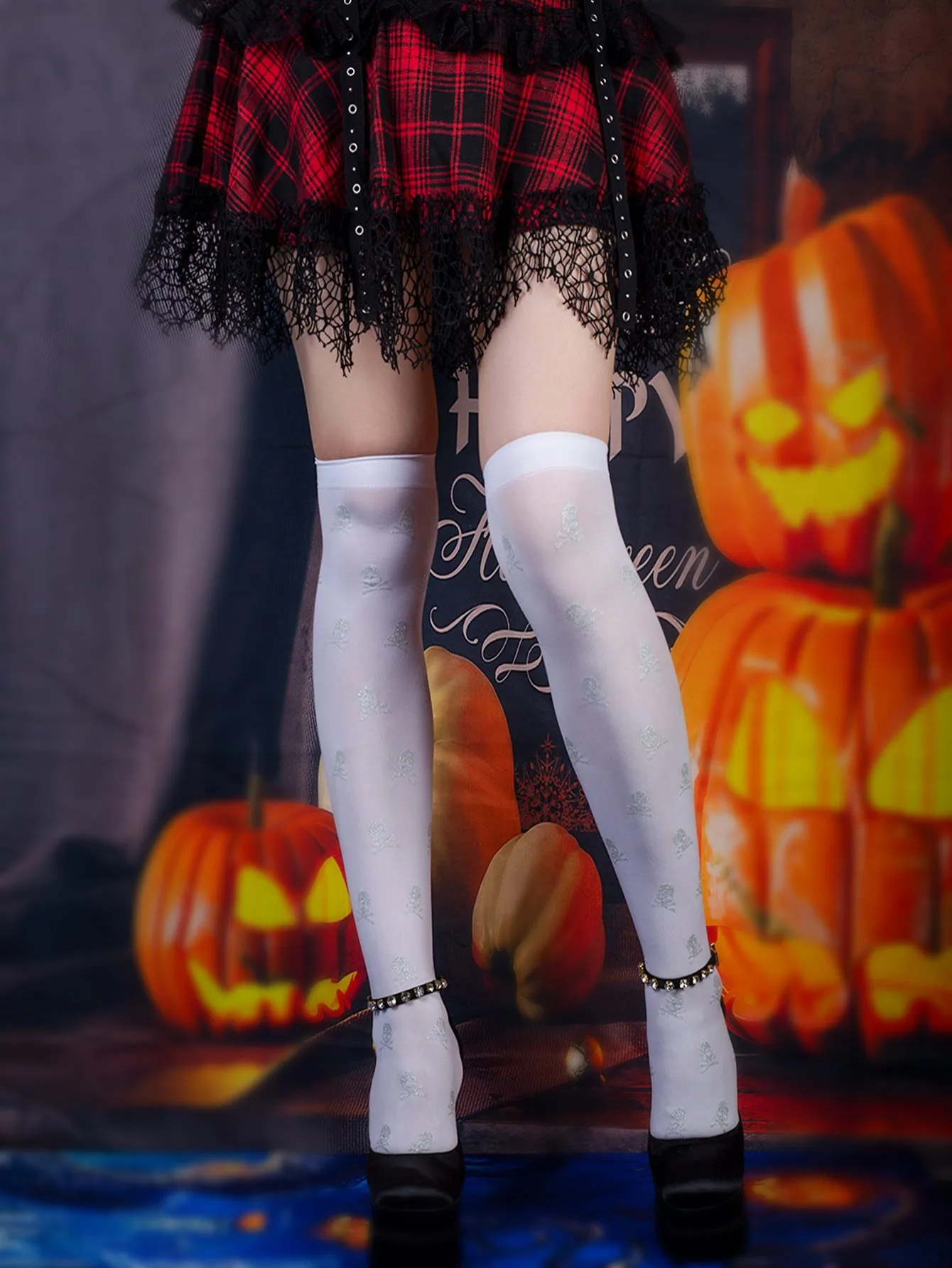 Halloween Black Over-the-knee Printed Skull Thigh High Socks