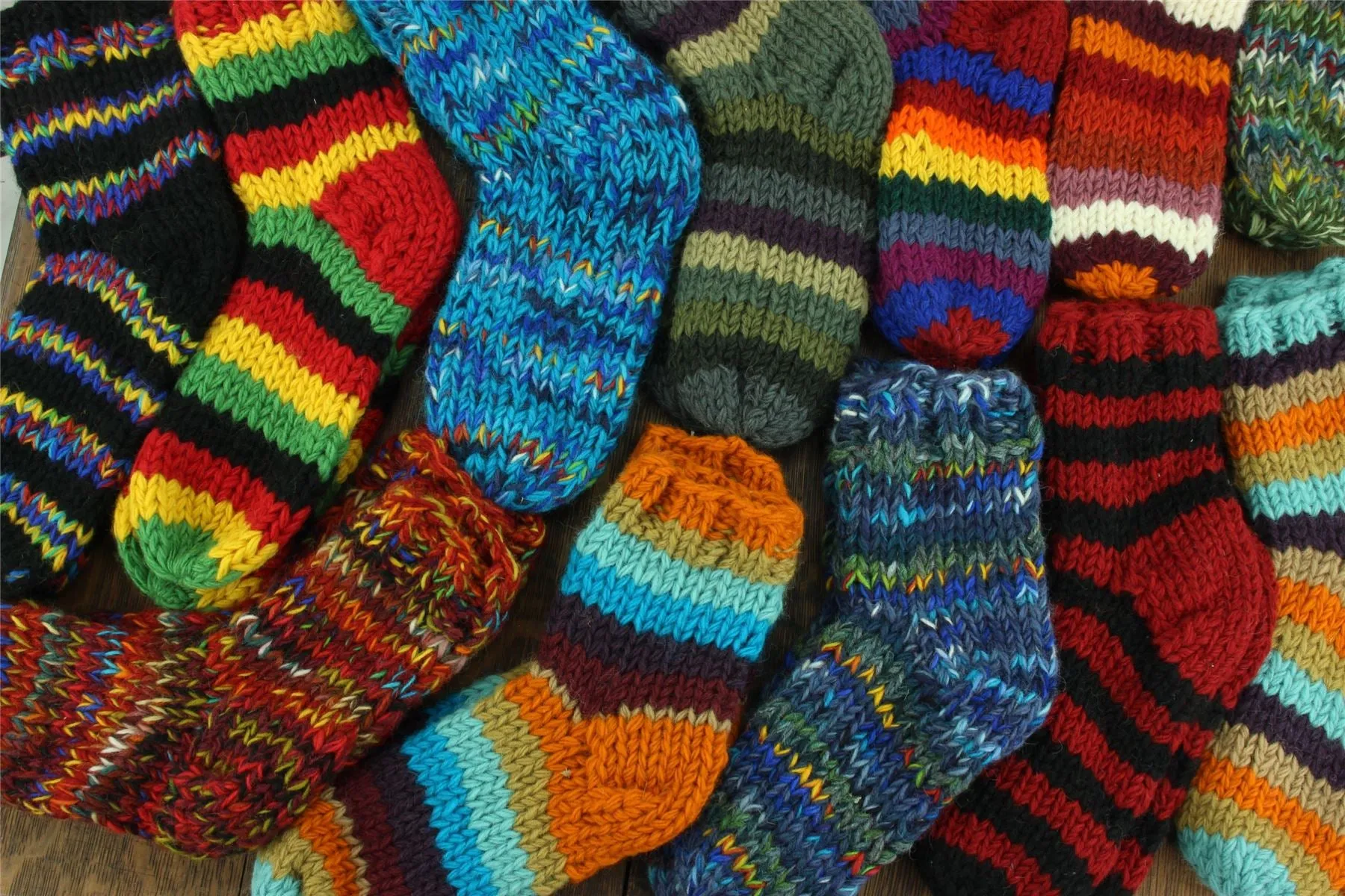 Hand Knitted Wool Ankle Socks - Stripe Black Rainbow SD