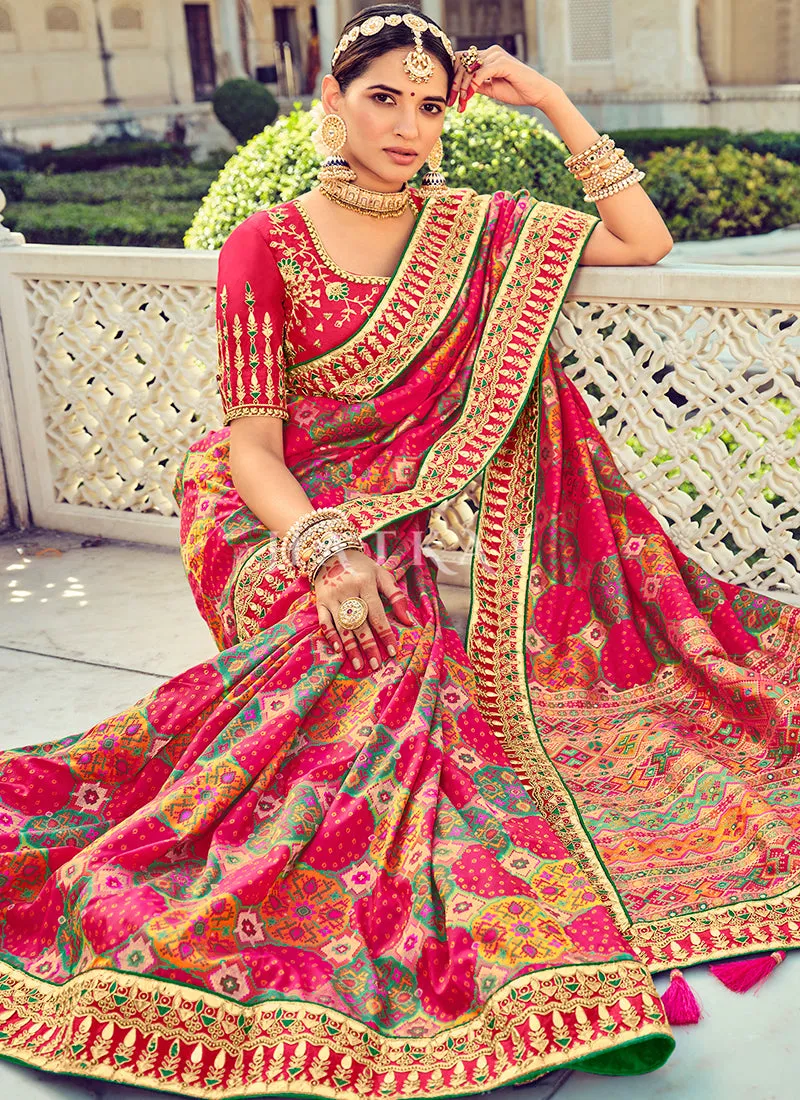 Hot Pink Embroidered Patola Silk Wedding Saree