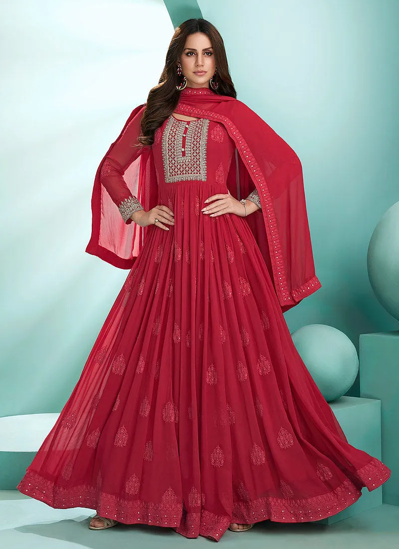 Hot Pink Lucknowi Zari Embroidered Designer Anarkali Suit