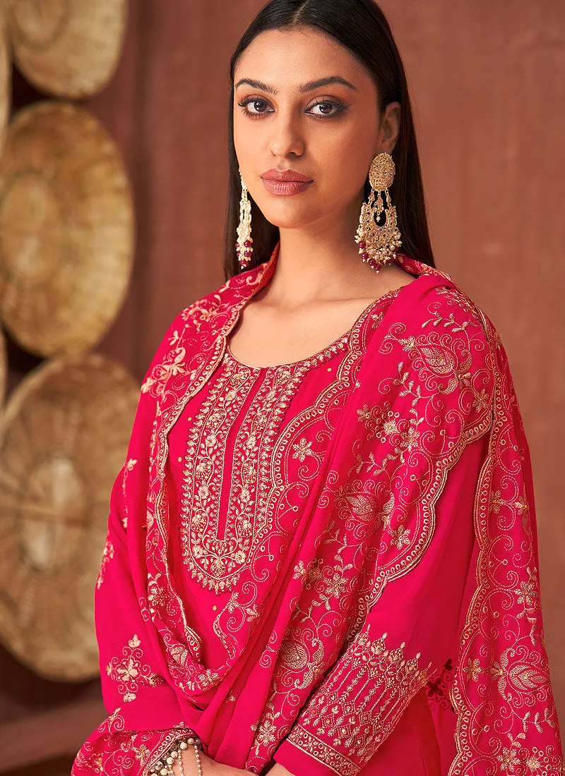 Hot Pink Traditional Embroidered Partywear Palazzo Suit