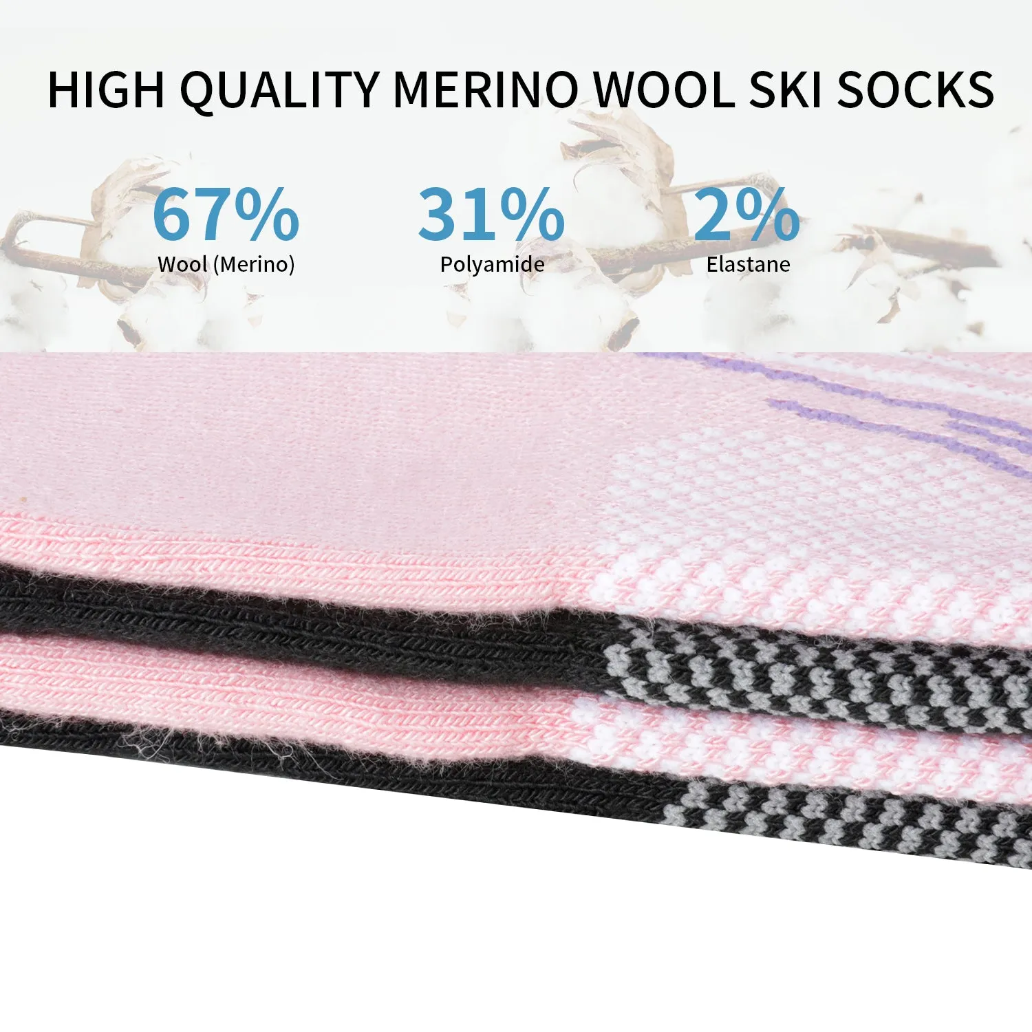 Laulax Ladies 2 Pairs High Quality Merino Wool Ski Socks, Gift Set, Size UK 3 - 7 / Europe 36 - 40, Black, Pink