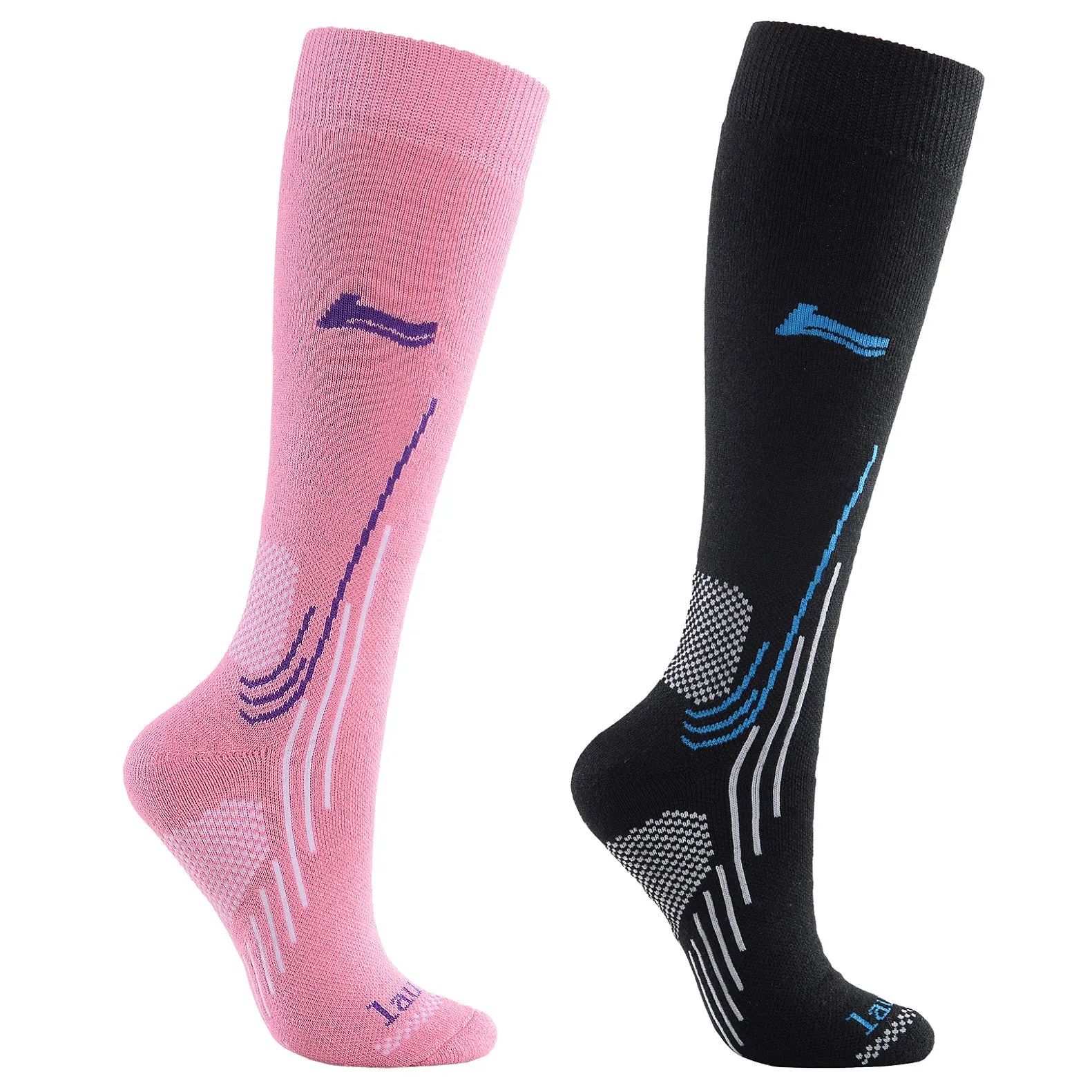 Laulax Ladies 2 Pairs High Quality Merino Wool Ski Socks, Gift Set, Size UK 3 - 7 / Europe 36 - 40, Black, Pink