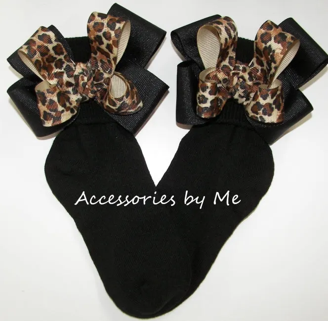 Leopard Ivory Black Bow Socks