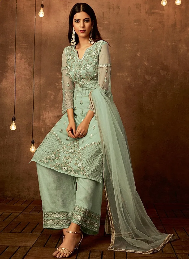 Light Green Traditional Embroidered Palazzo Pant Suit