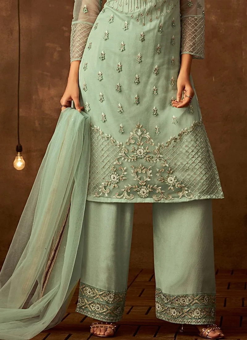 Light Green Traditional Embroidered Palazzo Pant Suit