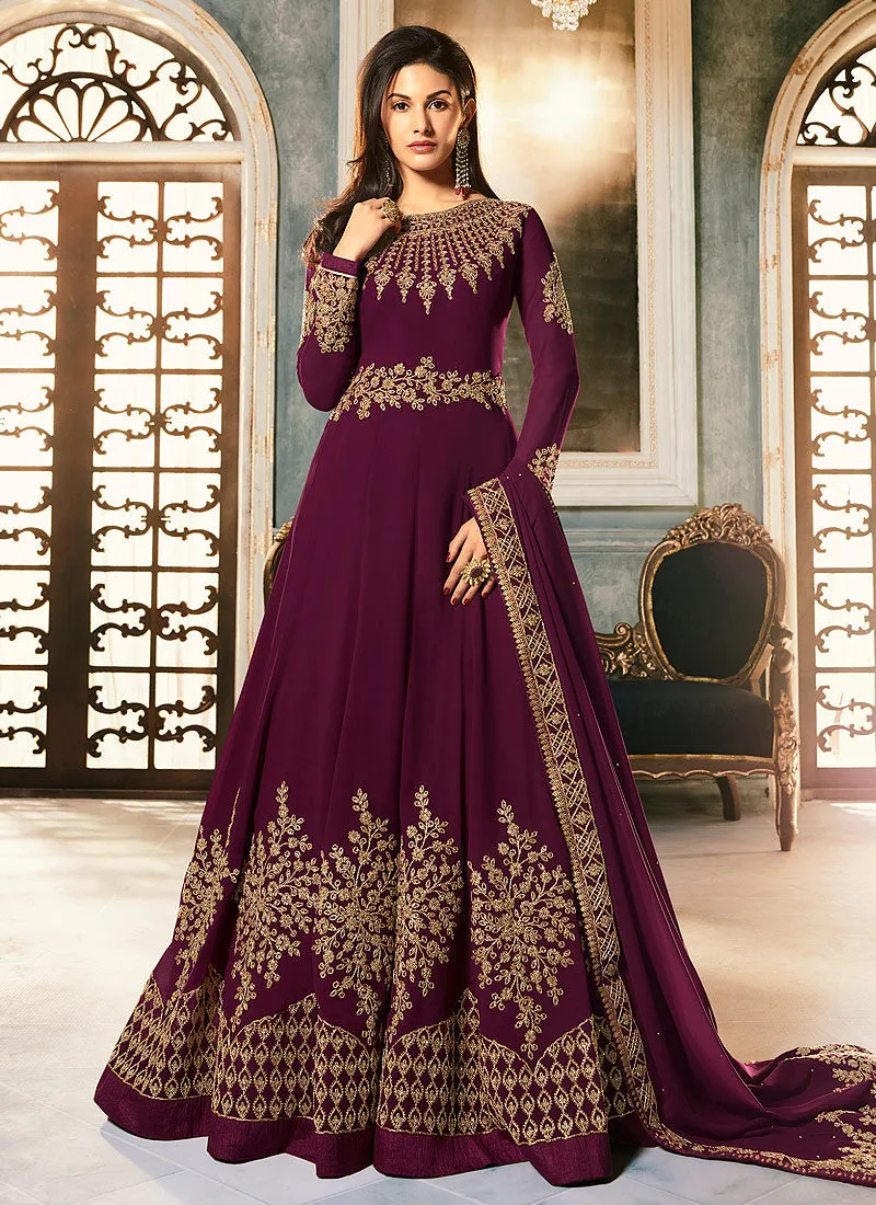 Magenta Golden Embroidered Anarkali Suit