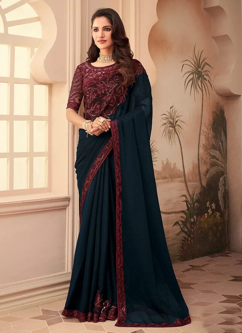 Maroon And Blue Embroidered Party Wear Silk Saree