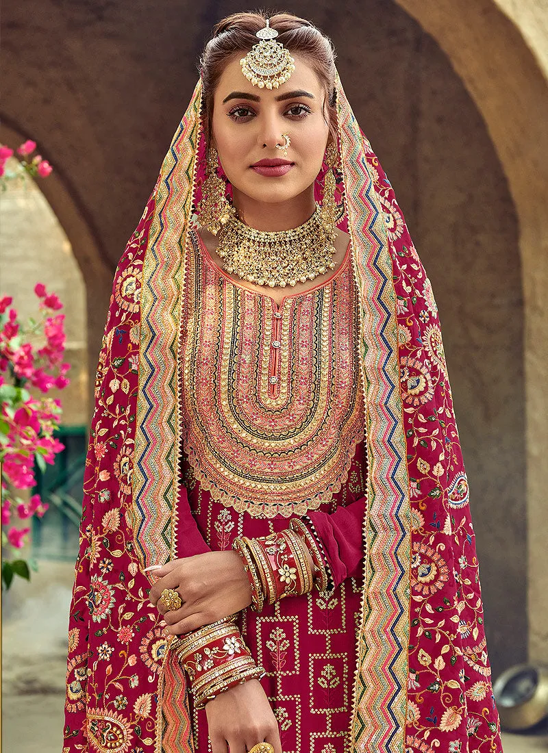 Maroon Multicoloured Embroidered Georgette Palazzo Suit