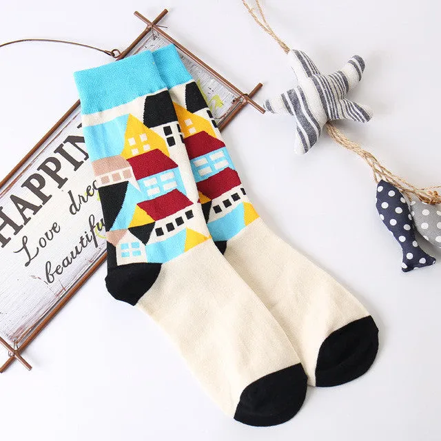 Men's Crew Length Cotton Happy Socks, British Style Argyle Pattern Designs