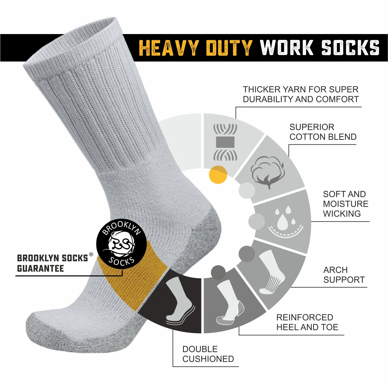 Men's Heavy Duty Steel Toe Cotton Work Crew Socks, US Men's Shoe Size 9-12