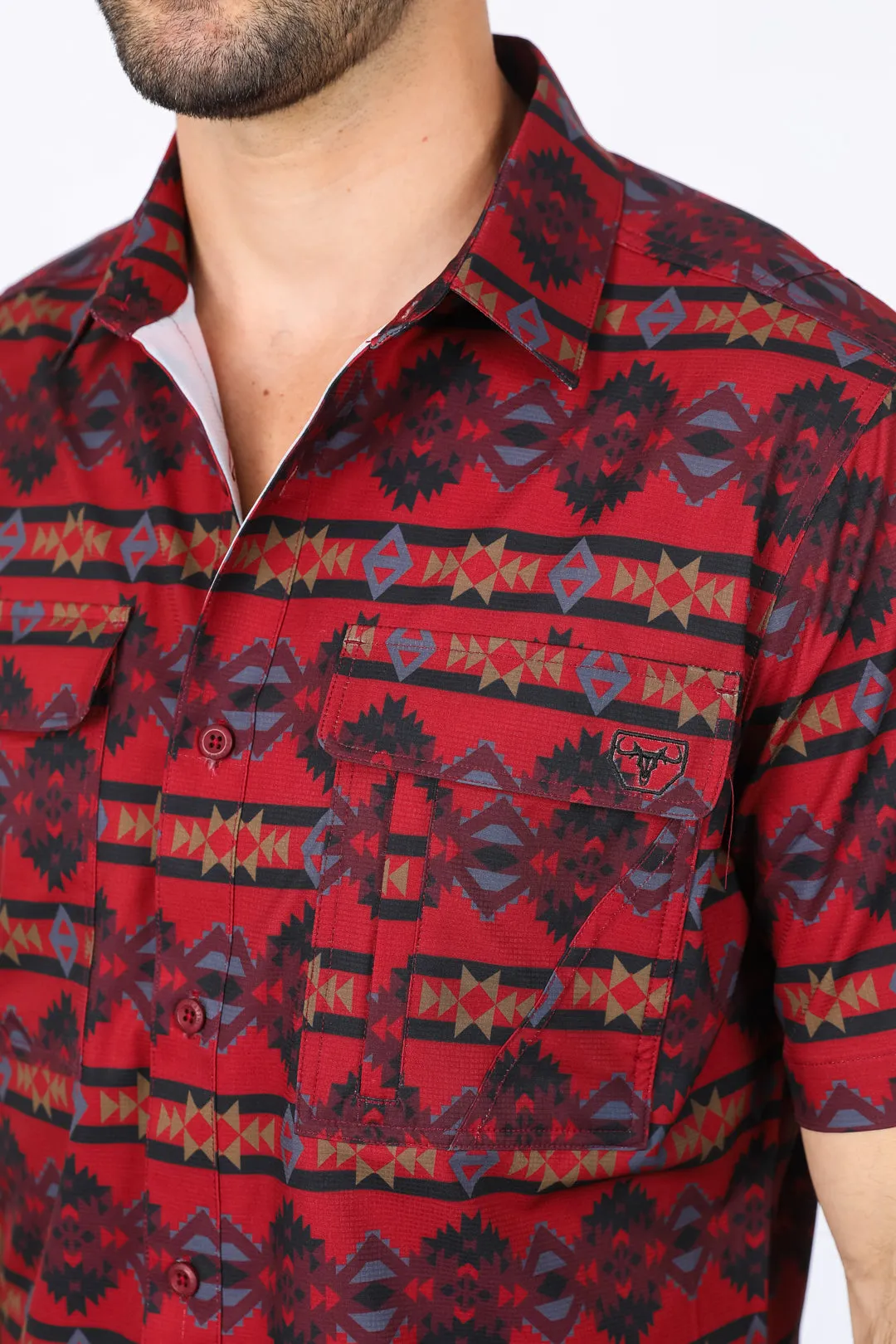 Mens Performance Classic Fit Western Short Sleeve Aztec Print Red Shirt